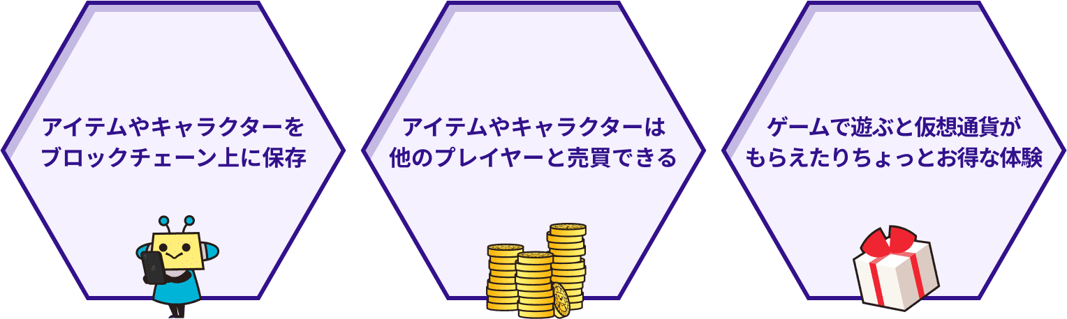 アイテムやキャラクターをブロックチェーン上に保存 アイテムやキャラクターは他のプレイヤーと売買できる ゲームで遊ぶと仮想通貨がもらえたりちょっとお得な体験
