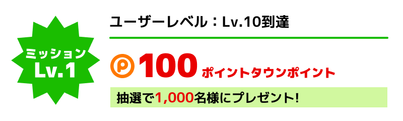 「ユーザーレベル:Lv.10」達成された方 100ポイントタウンポイント 抽選で1,000名様にプレゼント!