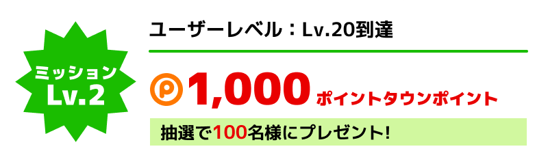 「ユーザーレベル:Lv.20」達成された方 1,000ポイントタウンポイント 抽選で100名様にプレゼント!